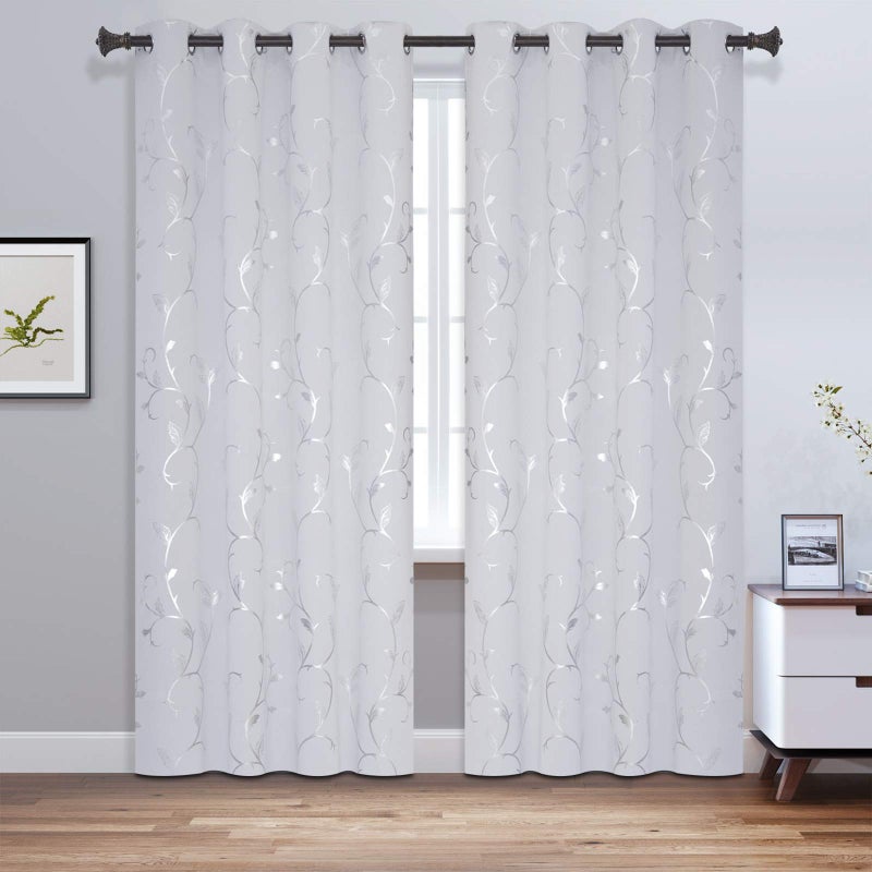 BUHUA Blackout Curtains Pairs 84 Inches Long Room Darkening Curtains with Shinny Wave Vine Design for Sliding Glass Door 52WÃ—84L Greyish White 1 Pair - Image 2